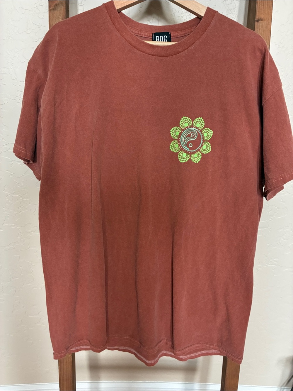 BDG Rust Red Tee with Lime Green Floral Yin Yang